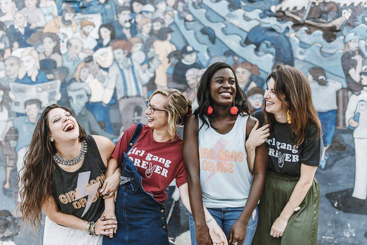 Photo by Sarah Slu<br />Feminist Goods models Dina Gambella, Sarah Turner, Amanda Gadsden and Rachel Tenny