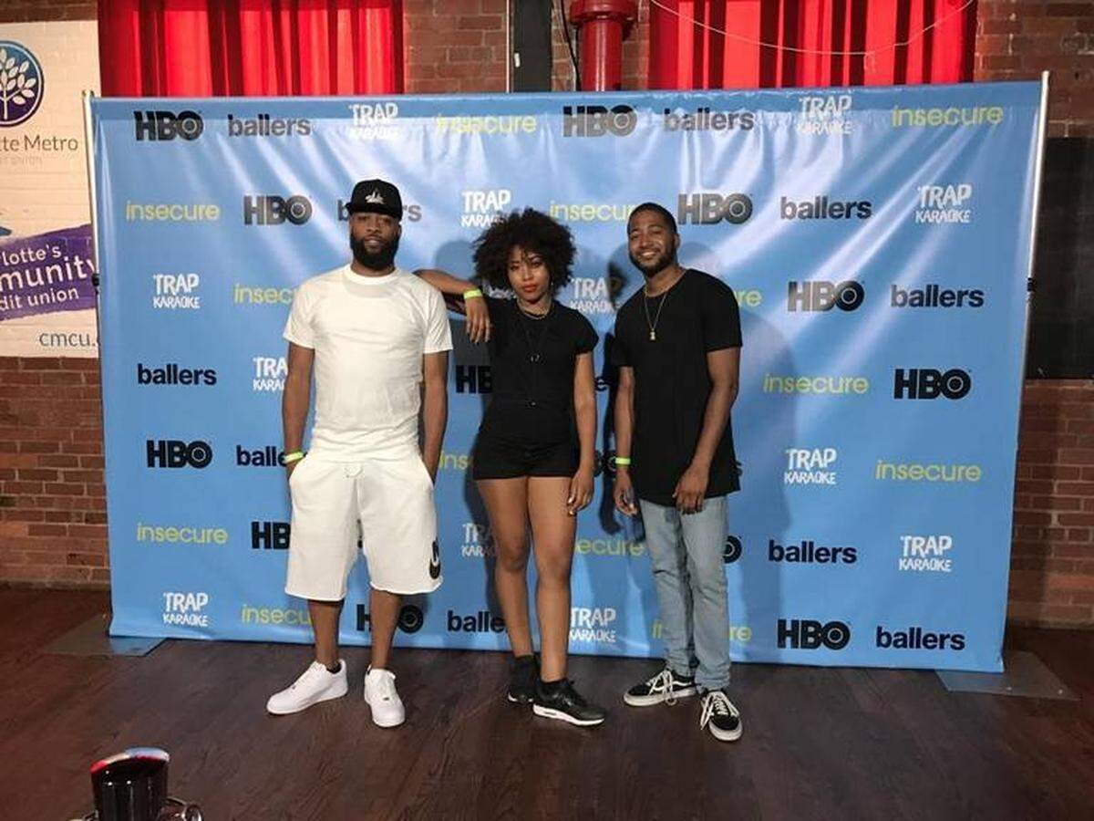 Trap Karaoke (left to right) – Nile Ivey (“Low Key”), DJ Quiana Parks, and DJ Austin Millz (not pictured: Jason Mowatt) – arrive at the HBO “Ballers” and “Insecure” premiere party in mid-July at The Fillmore.