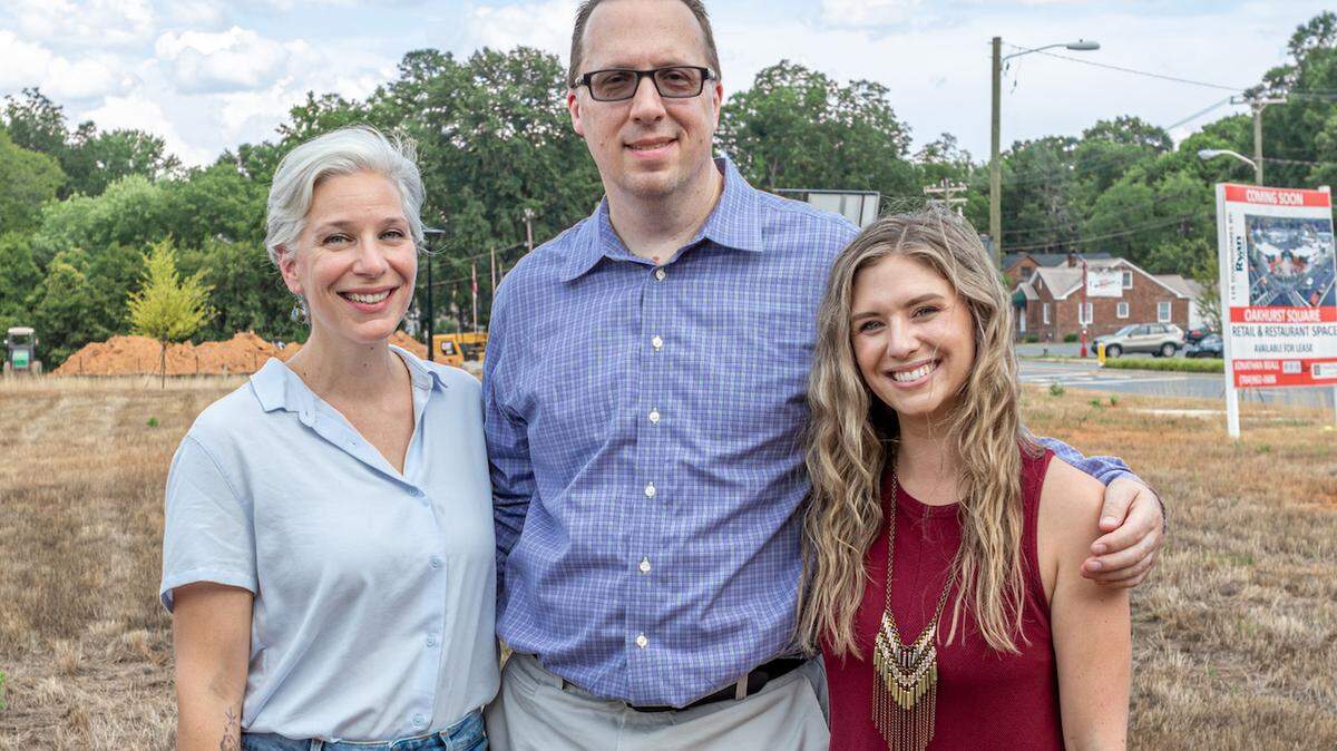 Alex Cason Photography<br/>NoDa Yoga is expanding to Oakhurst. Shown at the new site from left are co-owners Jillian Longsworth and Craig Rasmussen, and studio manager Jenny Eickmeyer.