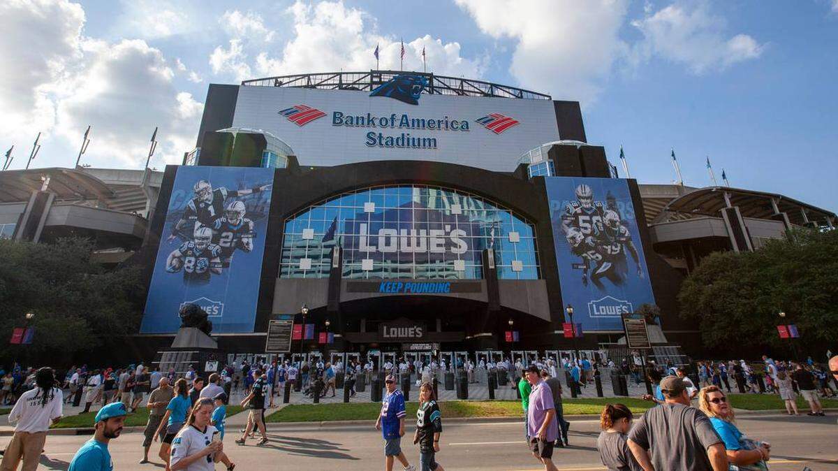 Xavier Tianyang Wang / McClatchy<br/>The Lowe’s sign at the east entrance of Bank of America Stadium, shown on Friday.