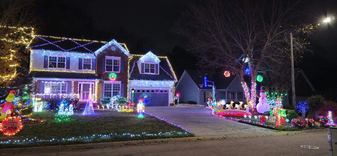 A two-story brick and siding house is completely covered in a maximalist Christmas light display at night. Bright white lights outline every roofline, window, and gable. The lawn is filled with glowing decorations, including a Grinch figure, a light-up nutcracker, a neon blue reindeer and sleigh, and several cone-shaped “mega trees.” A large tree in the yard is wrapped in multi-colored lights with glowing ornaments hanging from the branches. A long driveway is lined with a colorful light border leading to more blow-up figures, including a large snowman and a Santa in a sleigh.