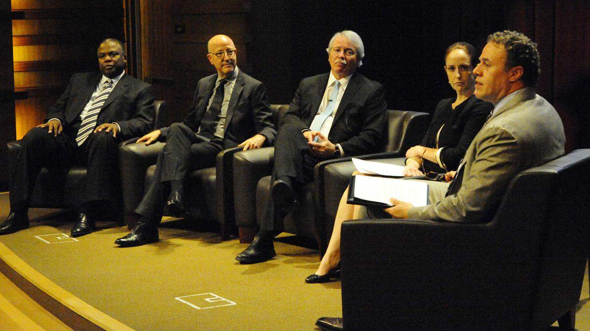 David Taylor, left, of the Harvey B. Gantt Center for African-American Arts + Culture, Tom Gabbard of Blumenthal Performing Arts, John Boyer of the Bechtler Museum of Modern Art,  and Kathleen V. Jameson of The Mint Museum, all Presidents and CEOs of their respective institutions, sit with Jay Everette, right, Chair of the Greater Charlotte Cultural Trust as he moderates a public discussion to introduce their institutions' future plans, as well as reveal collaborative efforts, at the 	Wells Fargo Auditorium at Levine Center for the Arts on Monday, September 28, 2015.