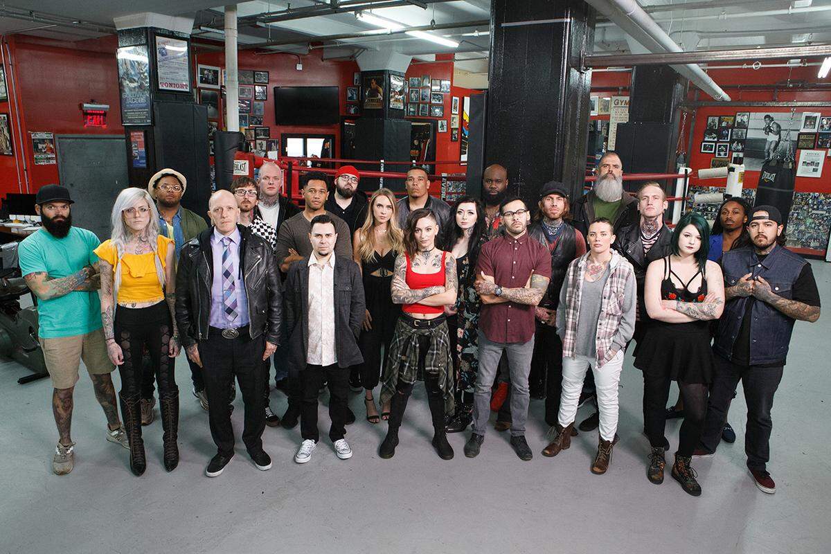 The artists pose during Episode 1 of Ink Master Season 11 at Gleason’s Gym in Brooklyn, New York.