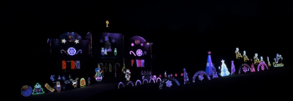 A nighttime photo of a house covered in an elaborate, synchronized display of colorful LED Christmas lights. The display includes arched lights, various cartoon character figures, stars, snowflakes, candy canes, and several Christmas trees glowing in pink, purple, and white light.