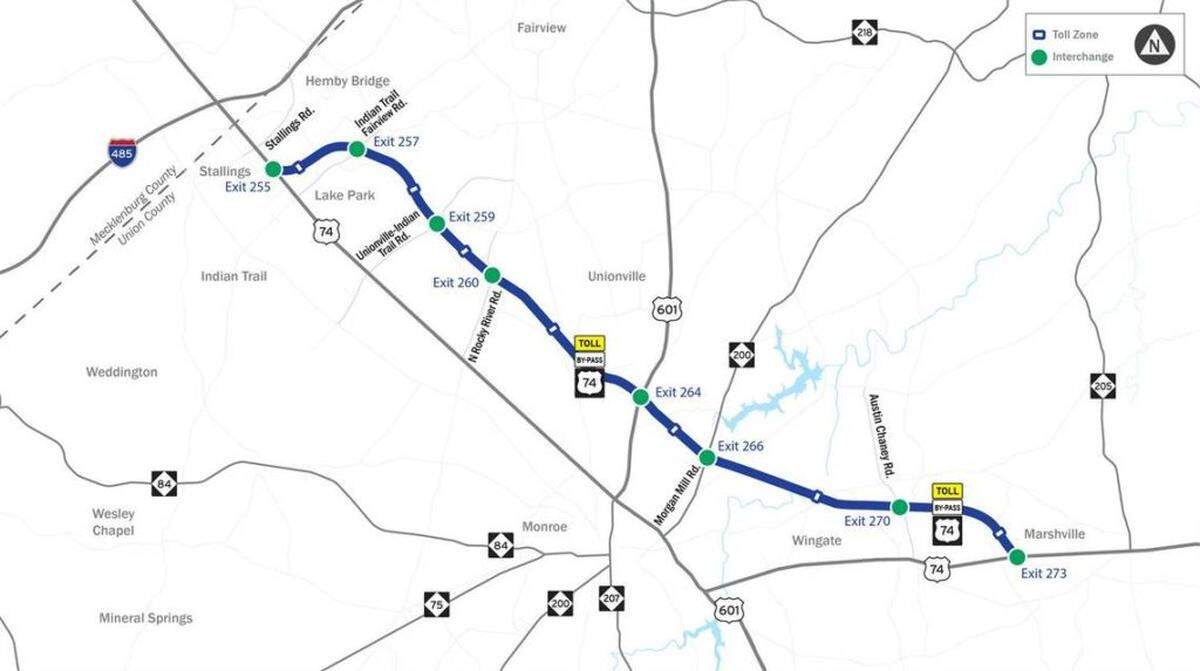 N.C. Department of Transportation<br/>The Monroe Expressway, a toll bypass around congested U.S. 74, opened in November.