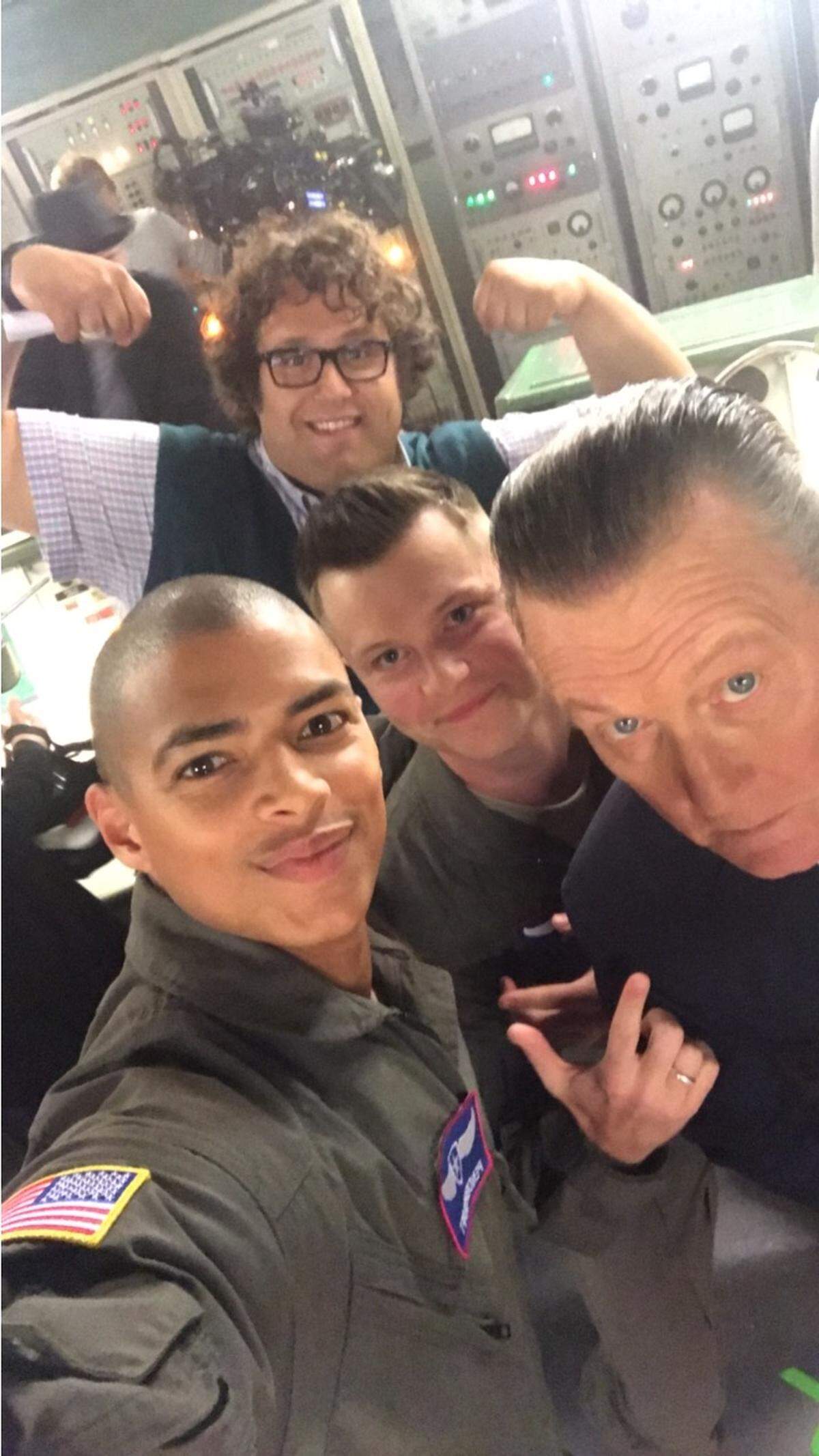 Barnhardt on set of CBS' "Scorpion" with other actors, including well-known star Robert Patrick.