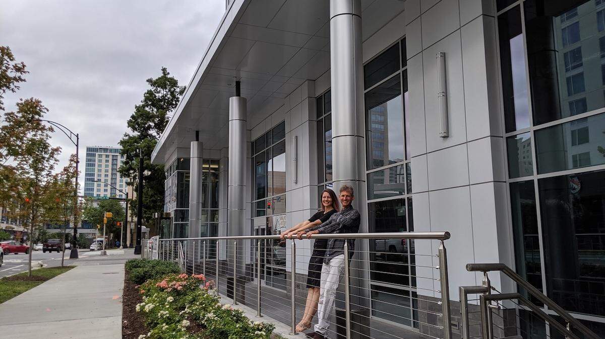 Courtesy of Middle C Jazz<br/>Middle C Jazz's Katie Rothweiler and Jonathan Gellman pose outside of the location for the new club, which will open on Brevard Street in the fall.