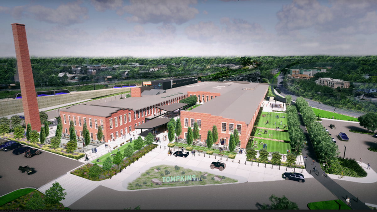 Courtesy of White Point Partners<br>An artist's rendering shows what the completed Optimist Hall project will look like, including an outdoor seating area in the center.