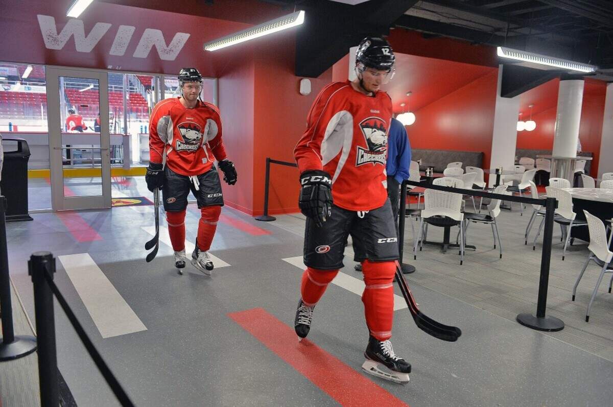 CharlotteFive archives<br/>Charlotte Checkers players walk off the ice at Bojangles' Coliseum.