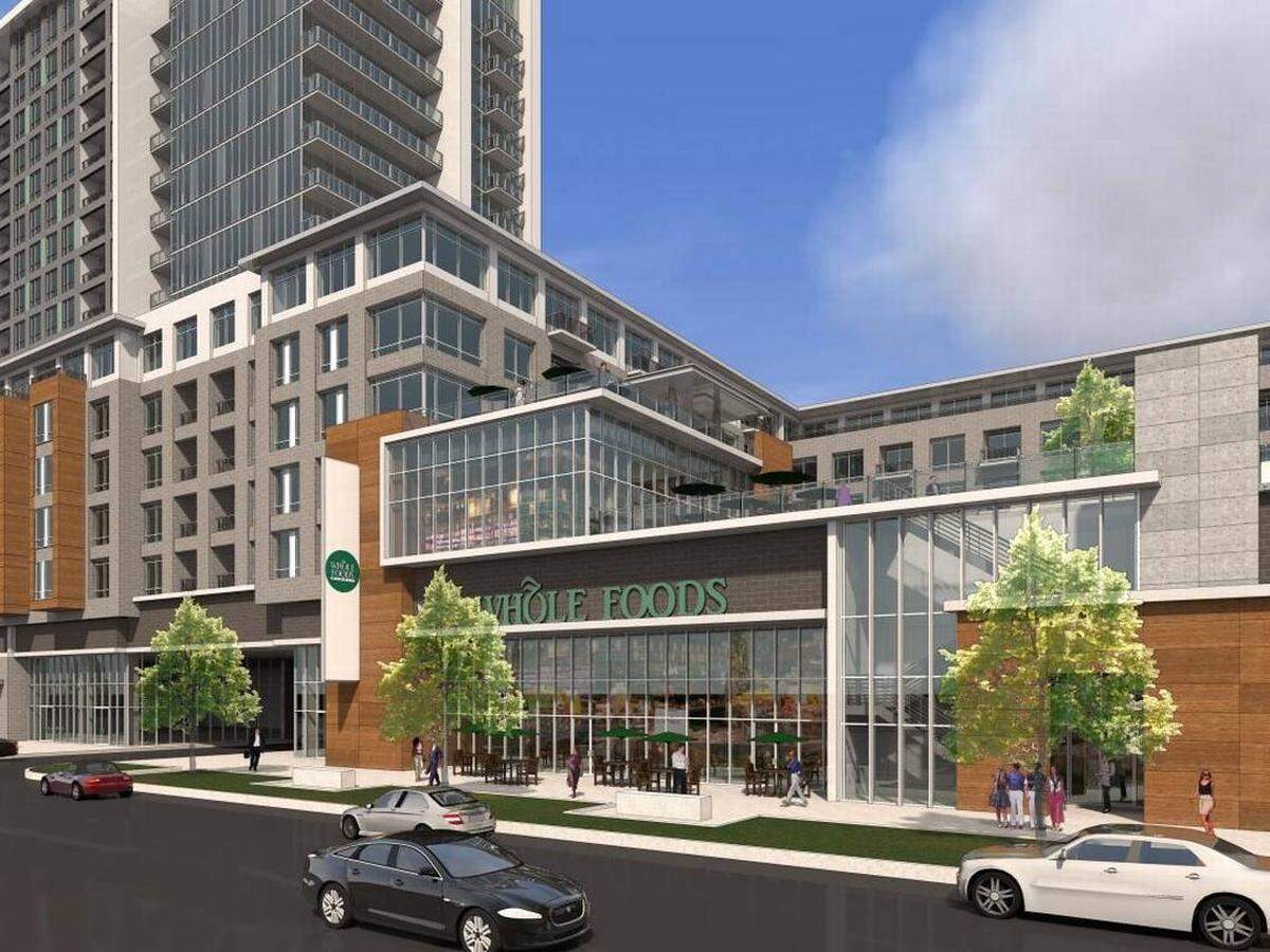 A rendering of the uptown Whole Foods at Novel Stonewall Station. Courtesy of Crescent Communities