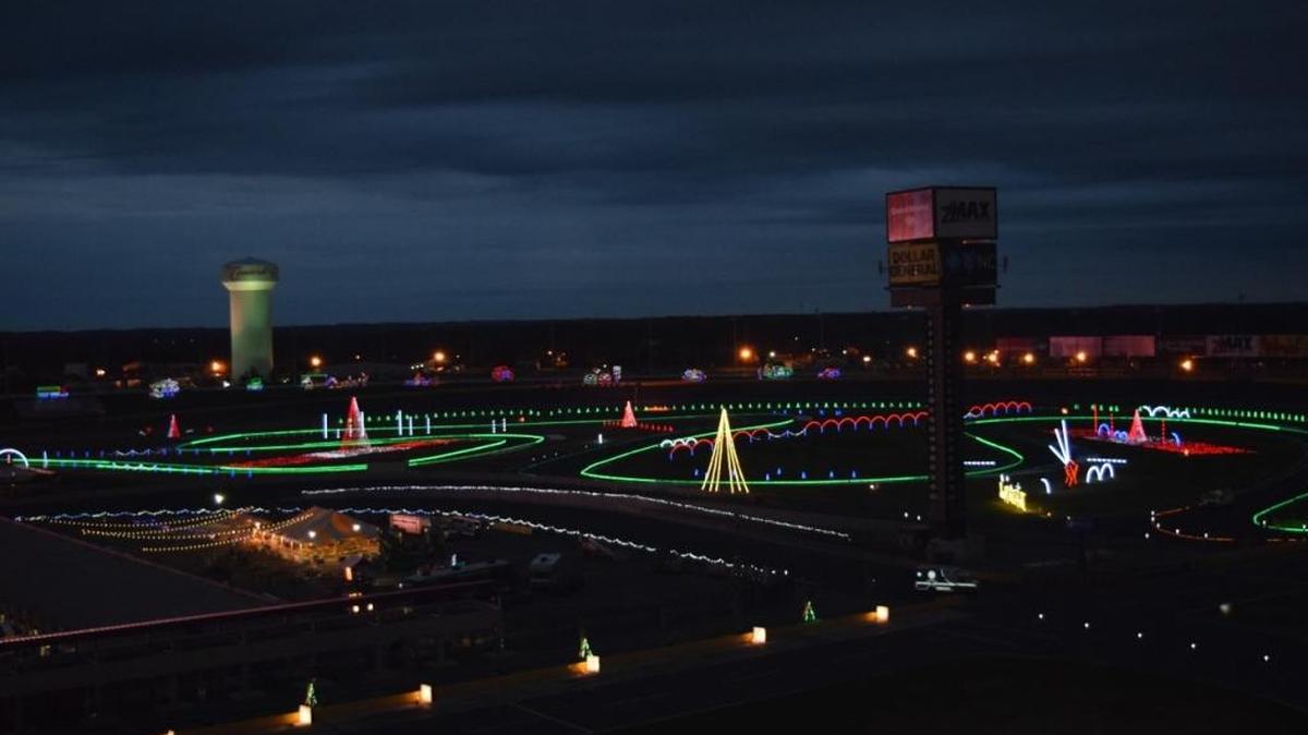 The track at Charlotte Motor Speedway is lit with sparkling lights for the annual Speedway Lights show.