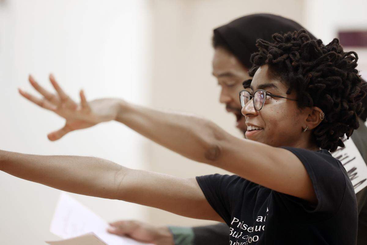 Lydia Danielle, right, and Jeremy DeCarlos rehears a scene from “Bessie Coleman: Fearless and Free" at Children's Theatre of Charlotte.