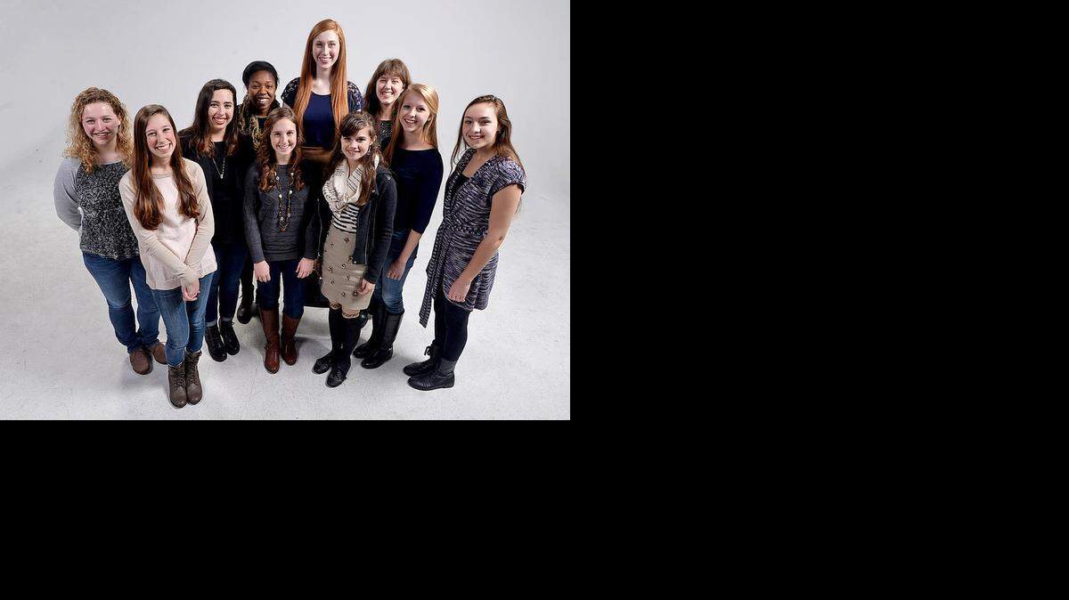 
Kids competing for Blumey Awards as critics. They are: left to right front row: Ellen Goodling, Hannah Ertel, Gabby Hubert, and Lauren Hunkele (far right front). Back row left to right: Annie Saum, Madison Lorello, Demi Harris, Katelyn Petersen, Helen Coats, and Sarah McCulla (in black top). Every year, The Observer works with Blumenthal Performing Arts on the Blumey Awards, which give local high school actors and writers prizes for their theater-related work. We will run one review by each of the entrants, whoever many that may be -- usually somewhere around 15 -- so we need individual mug shots of each of the kids and a group shot of all of them together.
