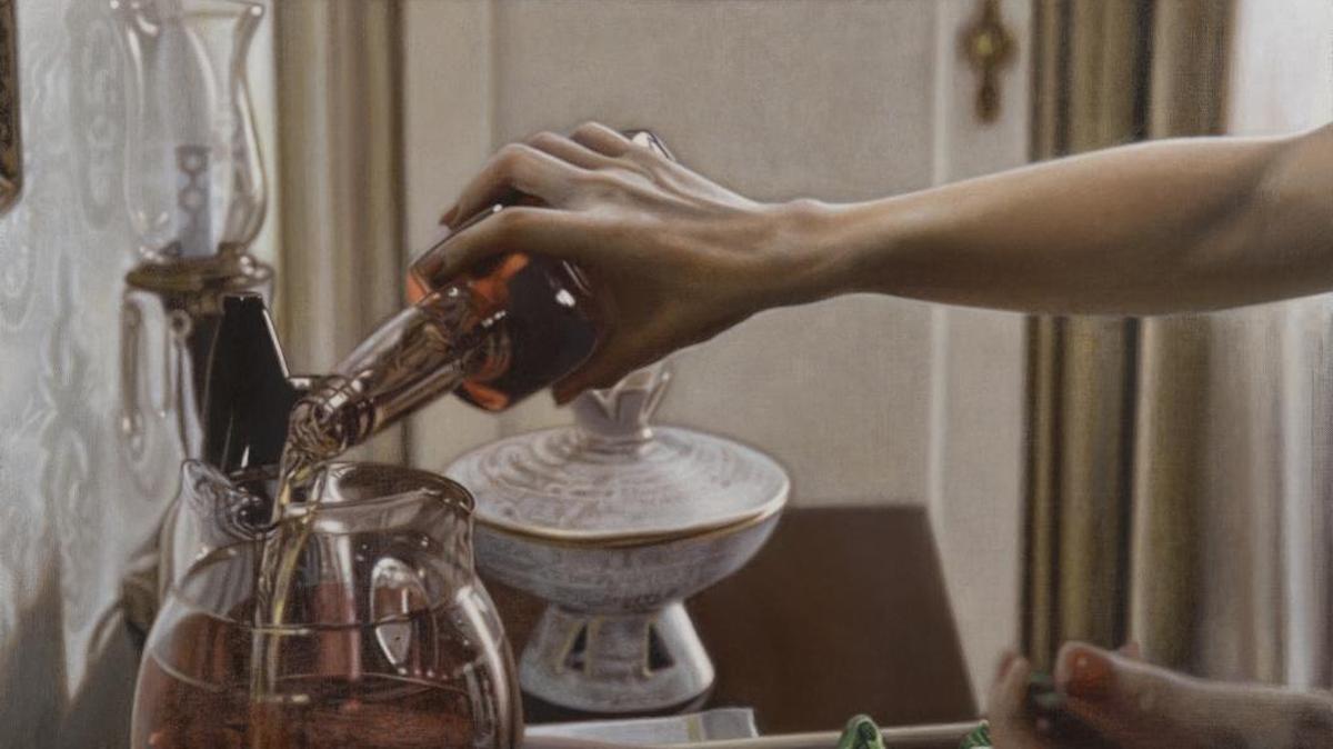“Betty’s Decanter, New York, 1961”; 2014, oil on linen, by Andrew Leventis.