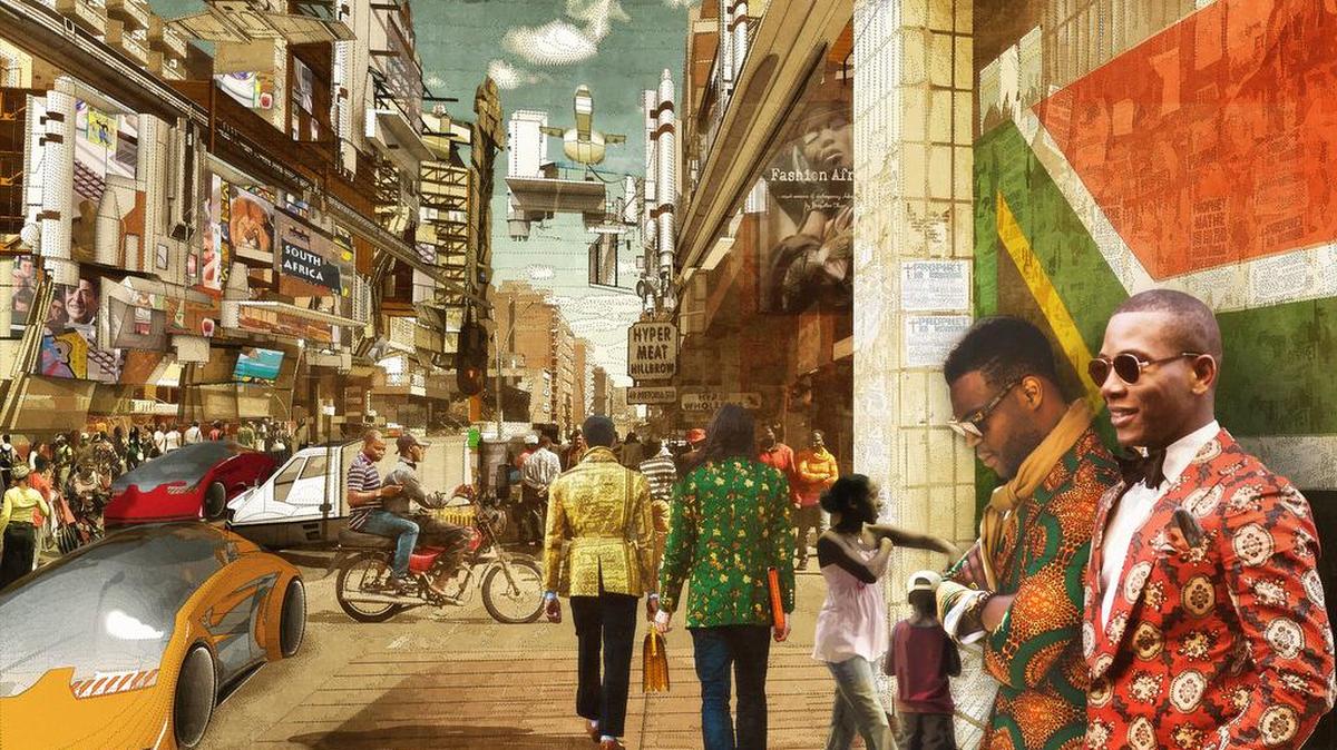 “Johannesburg 2081 A.D.” from the “Africa 2081 A.D.” series, 2014, by Lekan Jeyifo and Walé Oyéjidé; digital print.