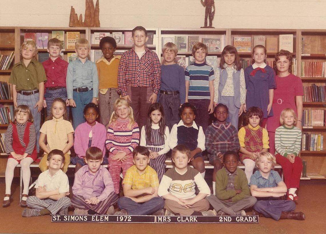 Tommy (in plaid, in back row) in Mrs. Clark’s second-grade class.