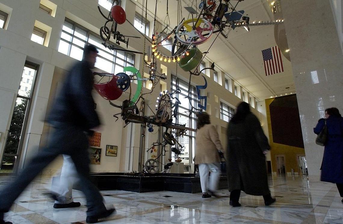 Jean Tinguely’s “Cascade” sculpture decorates the lobby of the Carillon office building on Trade Street.