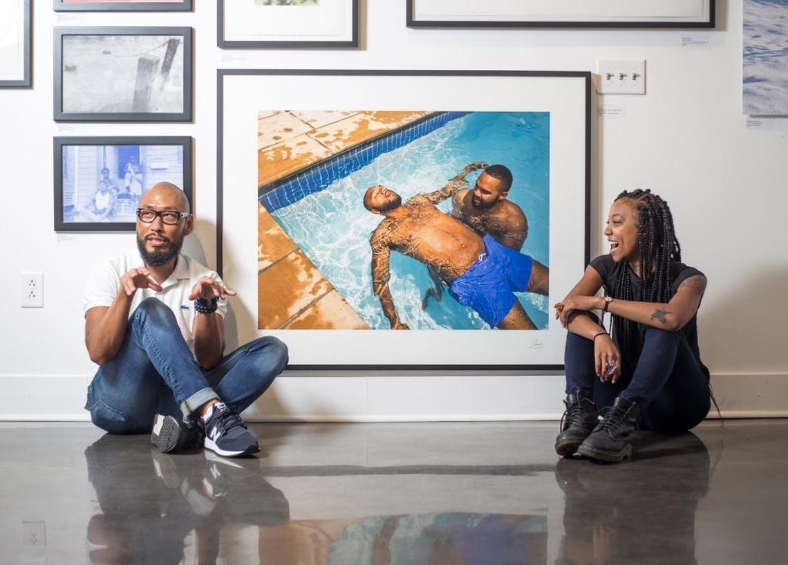 Photographer Zun Lee with Moss at the gallery; his work is included in “BLACK BLOODED” and he’s also the first artist in residence in The Roll Up, a Knight Foundation-supported artist residency Moss created.