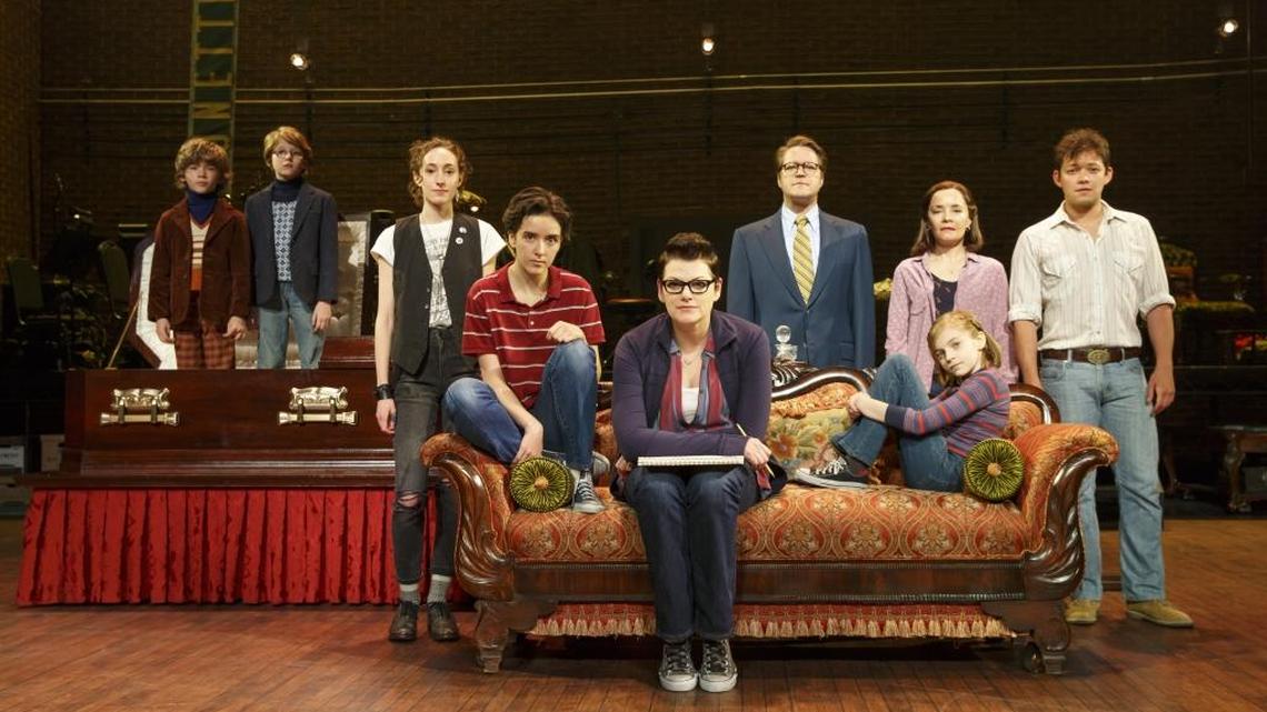 Three Alisons on the “Fun Home” couch: Abby Corrigan (Medium Alison), Kate Shindle (the adult version) and Carly Gold (Small Alison).