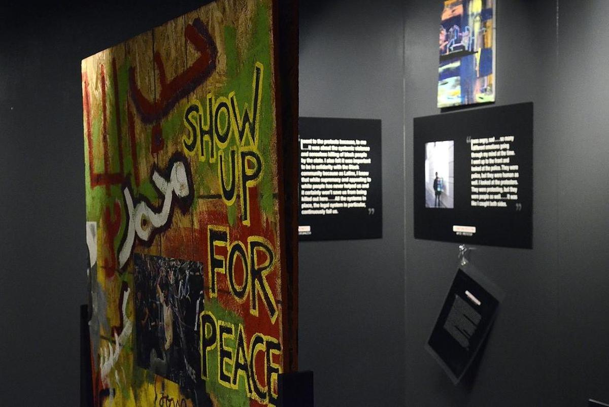 At the Levine Museum of the New South: Instant artwork from the Hyatt House Charlotte during the protests in the wake of the fatal shooting of Keith Lamont Scott, in the ongoing exhibition “K(NO)W Justice K(NO)W Peace.”