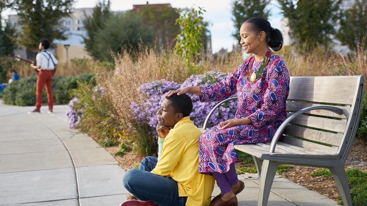 Rahsheem Shabaz as CJ and Dr. Corlis Hayes as Nana in Children’s Theatre of Charlotte’s of “Last Stop on Market Street.”