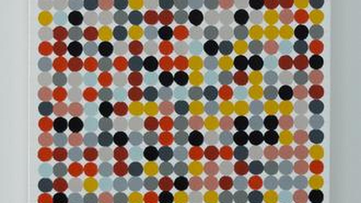“#MickaleneThomas” by Jamey Gray: A color portrait, acrylic and gesso on canvas, created by using 526 photos from Instagram tagged with #MickaleneThomas, says the artist: “The photos were combined and analyzed using software to compute the 10 most common colors in the photoset.”