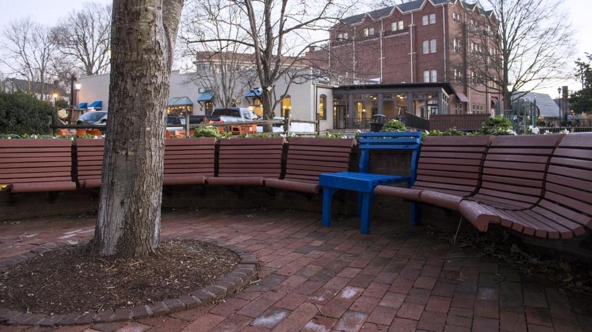 “Blue Bench Davidson” by Clint Sleeper, at Van Every/Smith Galleries, Davidson College.