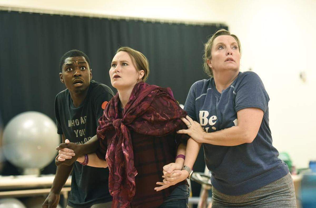 From left. CJ (Rahsheem Shabaz), Butterfly Lady (Leslie Giles) Magical Minion (Allison Rhinehardt) during rehearsal for “Last Stop on Market Street.”