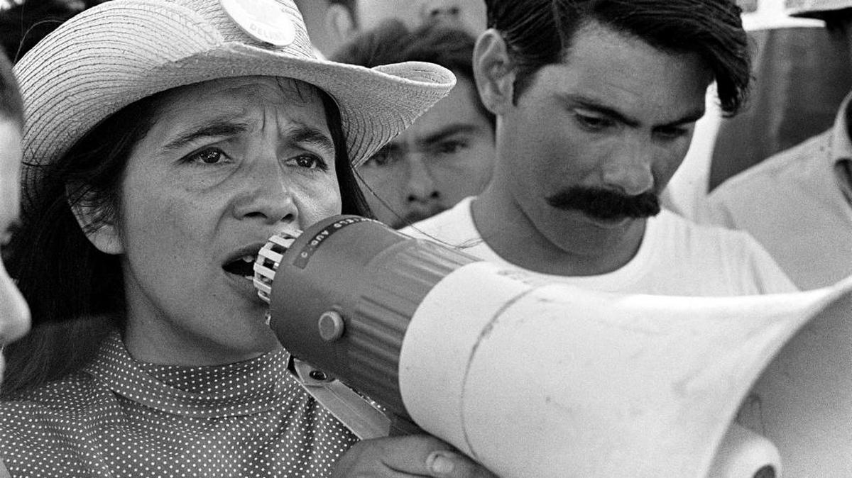 Dolores Huerta, organizing marchers in 1969; she’ll be in Charlotte tonight for the Define American Film Festival.