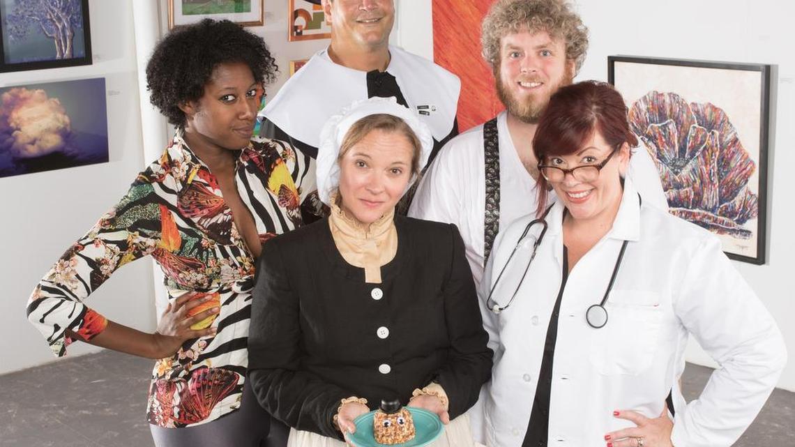 
Cheeseballs play a big part in “The Book of Liz,” a comedy that opens in Charlotte Aug. 6. Top, left to right: Tania Kelly, Matt Corbett, Field Cantey. Lower: Tonya Bludsworth, Donna Scott
