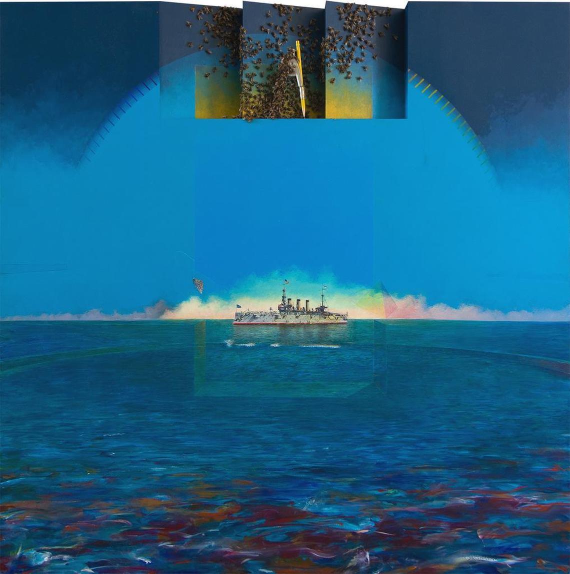 Paul Martyka’s “Of Builders and Man,” 2008; acrylic, compass, 550 honeybees on panel.