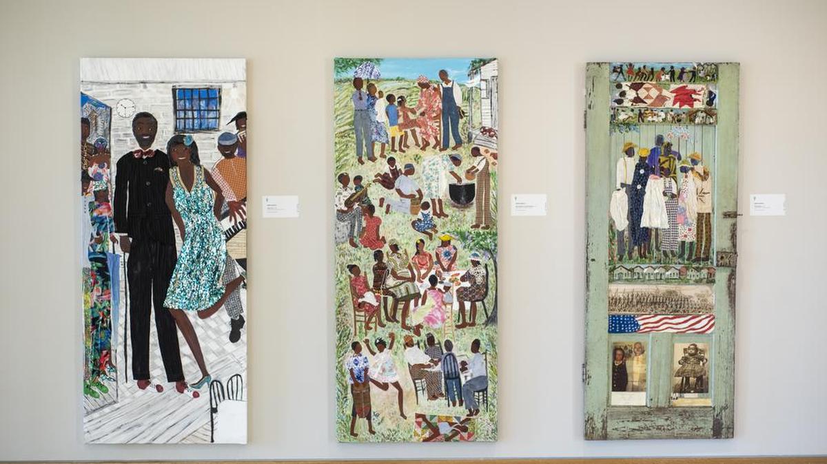 Three paintings by Nellie Ashford. From left, Juke Joint, 2018; Generations: A Family Reunion, 2018; Generations, 2016.