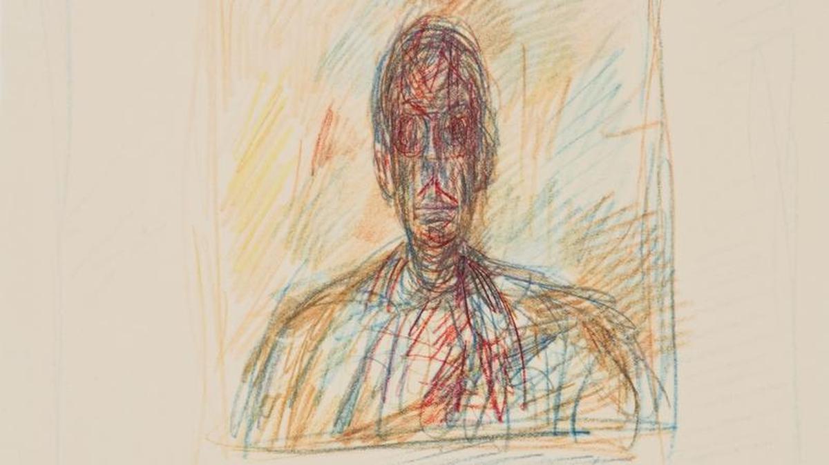 “No. 16 Busto d’uomo from Quarantacinque disegni di Alberto Giacometti” (“#16 Bust of a man from 45 Drawings by Alberto Giacometti”).