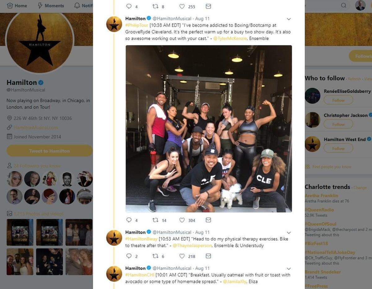 On Twitter, the various casts of “Hamilton,” including “The Philip Cast” heading to Charlotte, discussed their routine when they have two shows in one day.