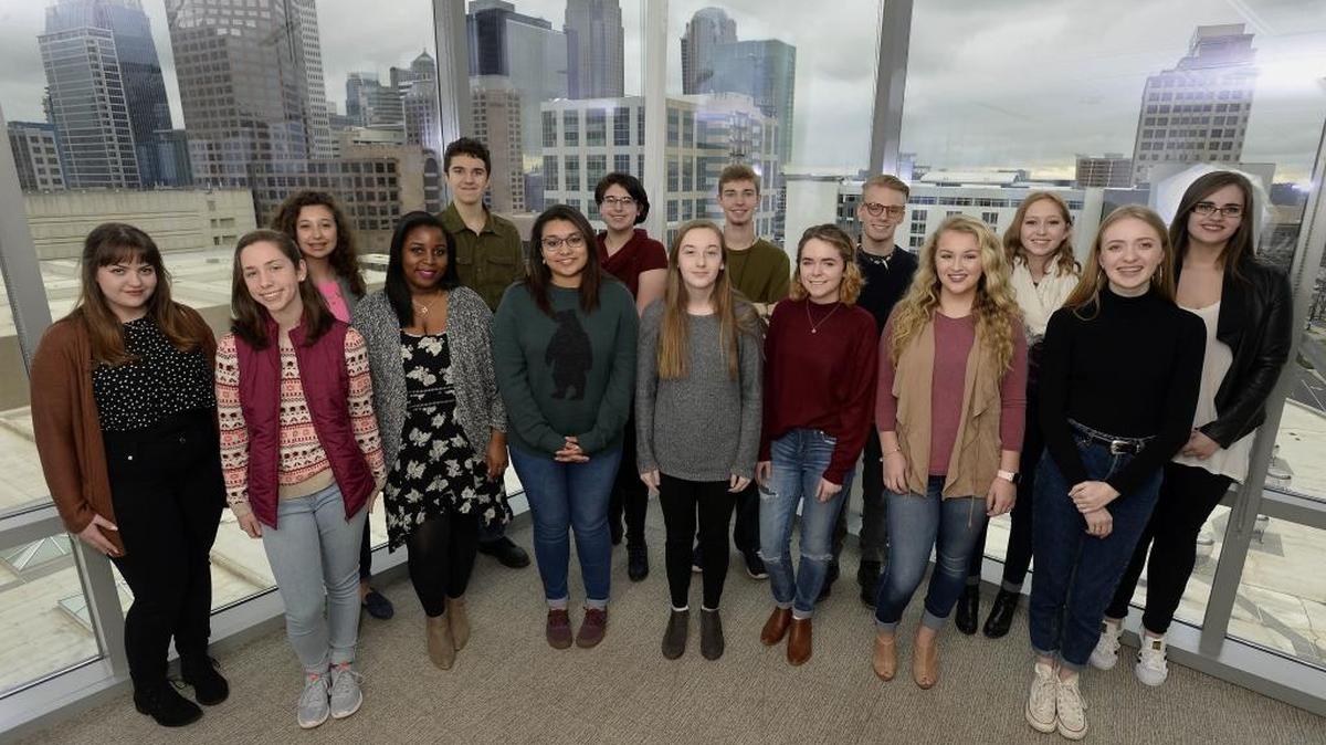 Competitors for The Charlotte Observer Student Critic Award, part of the 2017 Blumey Awards. From left: Heather Morgan, Cecilia Whalen, Isabella Ortiz, Ashani Smith, Trace Martin, Gabriella Leonel, Emily Kohn, Allison Cook, Thomas McCorkle, Colleen Hutchinson, Matthew Byrd, Skylar Smith, Brianna Falls, Laura Scott Cary, Annie Burchill.
