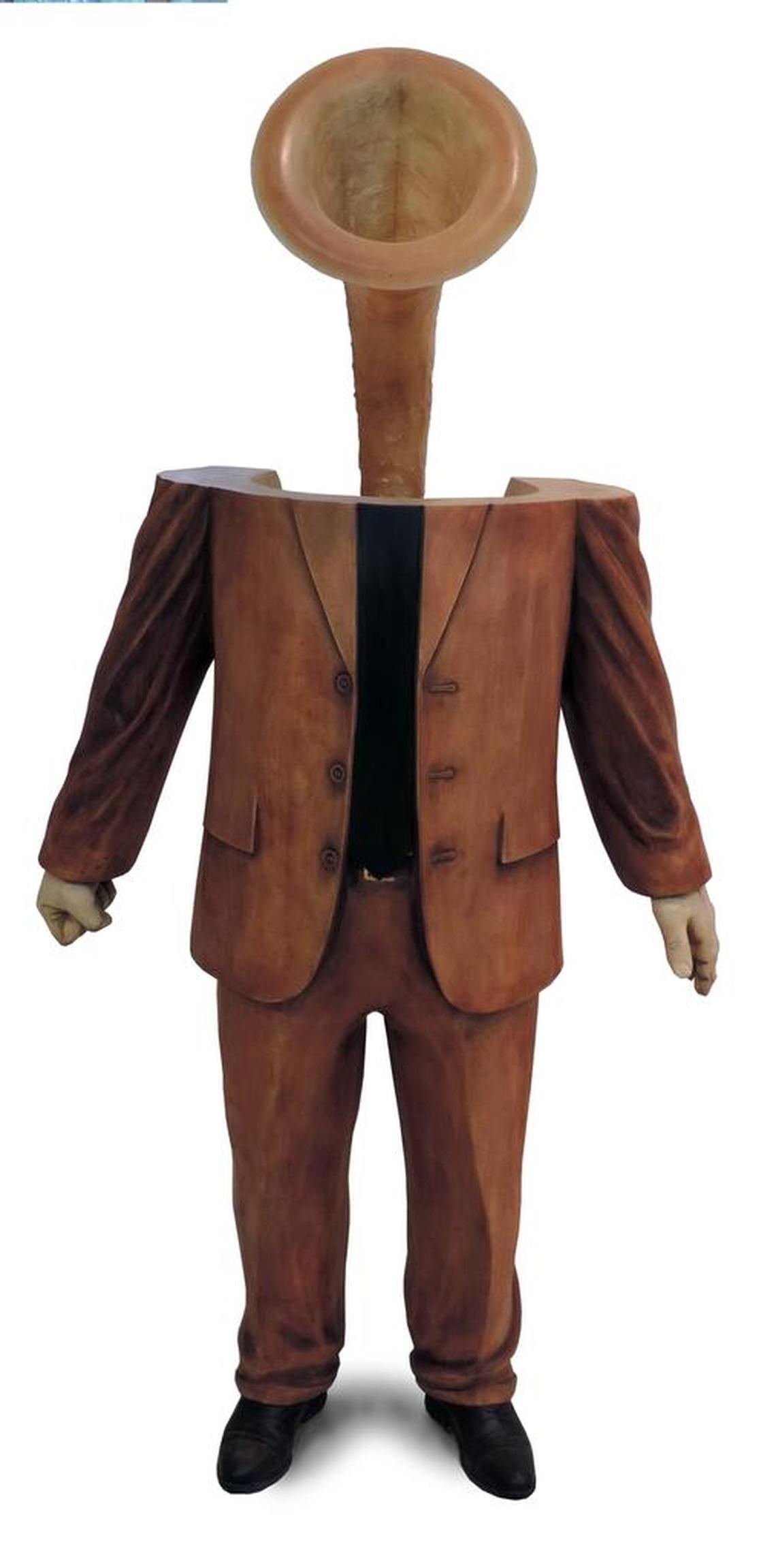 “Trumpeter,” 2014, by Bob Trotman; carved wood, fiberglass, audio, casein, wax.