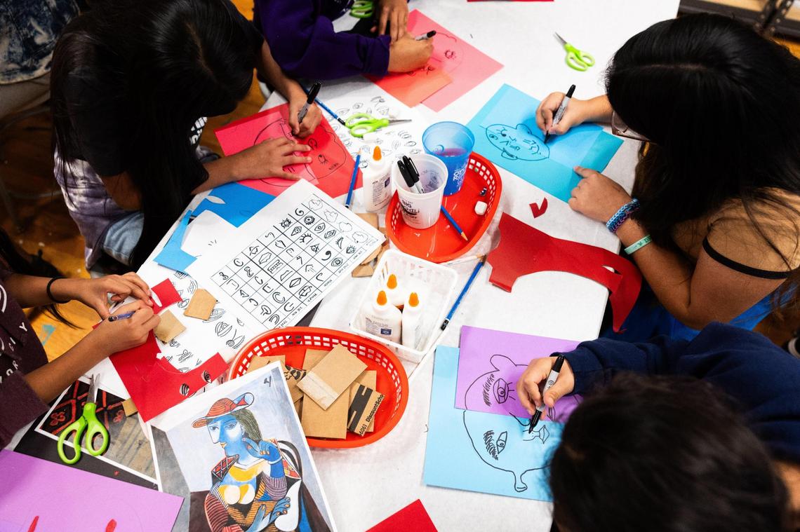 Hanford-Doyle Elementary School fifth-graders make art in the style of Pablo Picasso on Nov. 19, 2024, after touring “Never Before Seen ... Modern Masterpieces” at Waterworks Visual Arts Center in Salisbury, N.C.