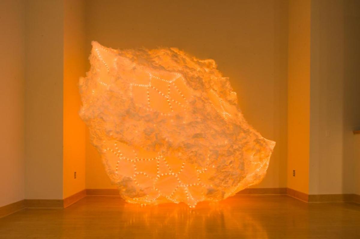 Meredith Connelly uses lighting and unconventional materials in her work, such as “Umbra II”; her installation for “Mainframe” was designed for the space and is titled “Synapse.”