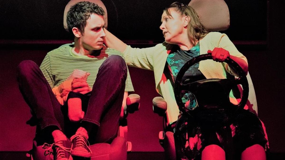 Chester Shepherd as Jason and Marla Brown as his mother, Margery, in “Hand to God.”
