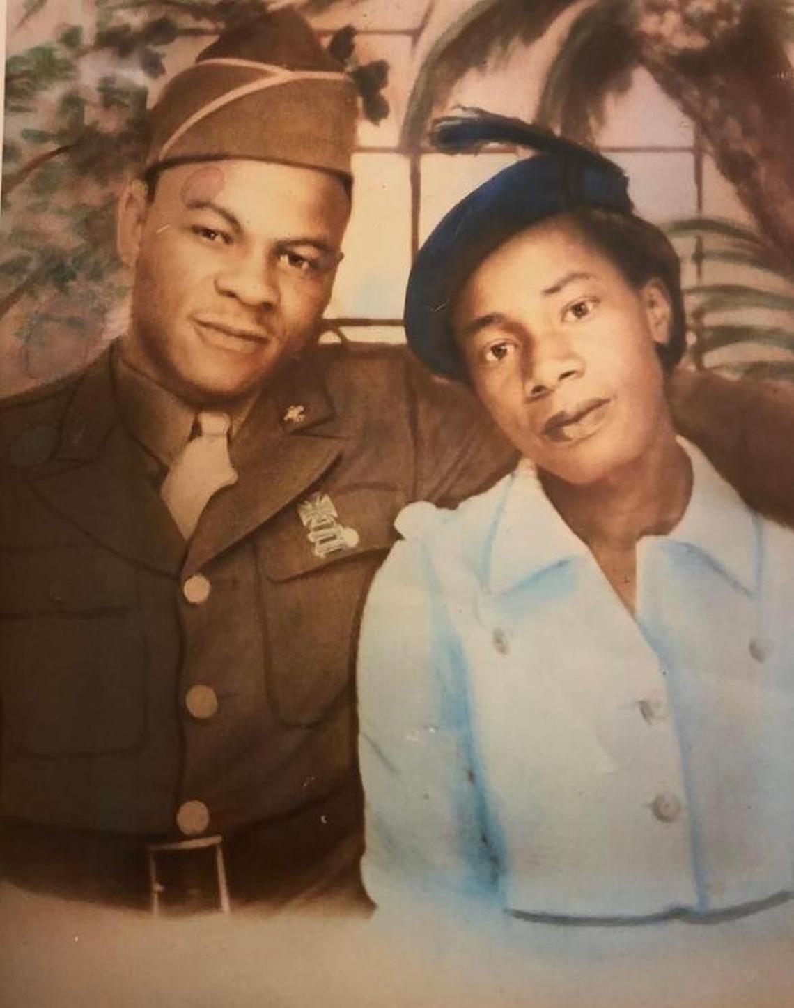 Curtis Chancy's grandfather and grandmother Isaiah and Edith Chancy, both in uniform in 1943. Isaiah Chancy fought at Normandy, as did his brother Stedman. Stedman Chancy, Curtis Chancy’s great-uncle, died there; Isaiah Chancy survived.