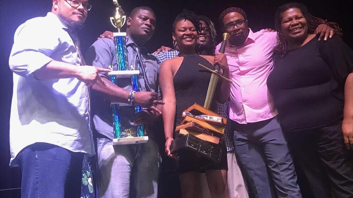 Members of SlamCharlotte, the city’s award-winning poetry slam group,won the National Poetry Slam Championship in Chicago in August. From left, Jay Ward, Breeze, Kia Flow, Jordan Bailey, Jahbu Orinde and Inkera Oshun.
