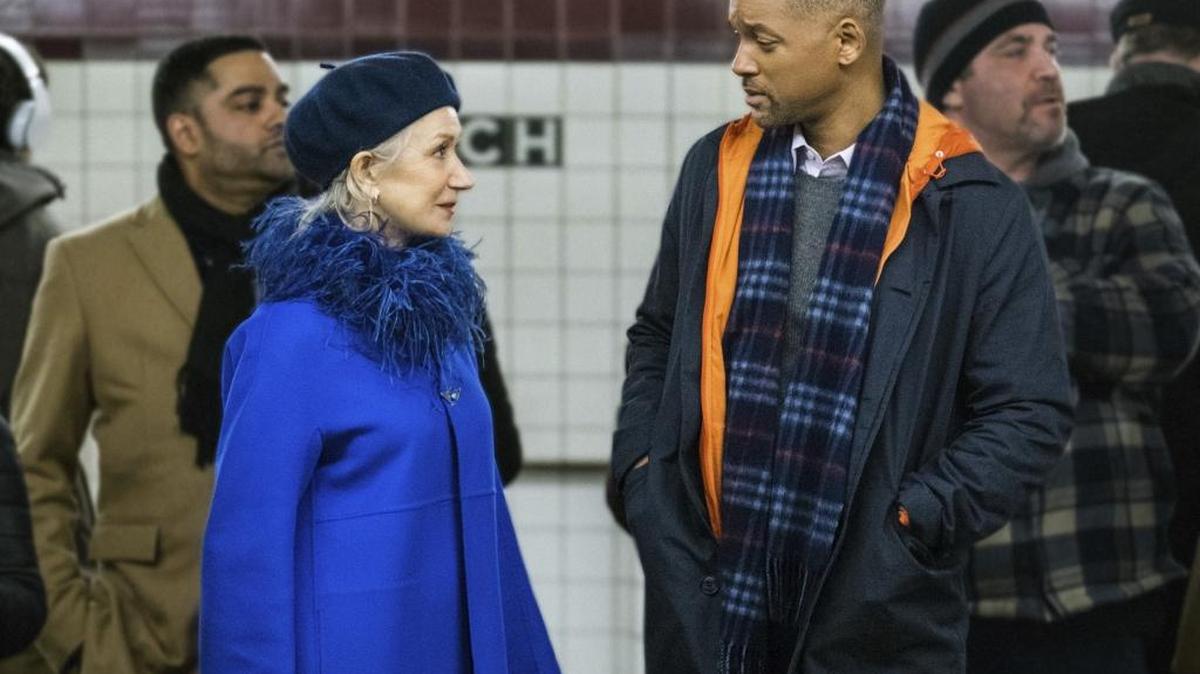 Death (Helen Mirren) approaches a grieving executive (Will Smith) with words of wisdom in “Collateral Beauty.”