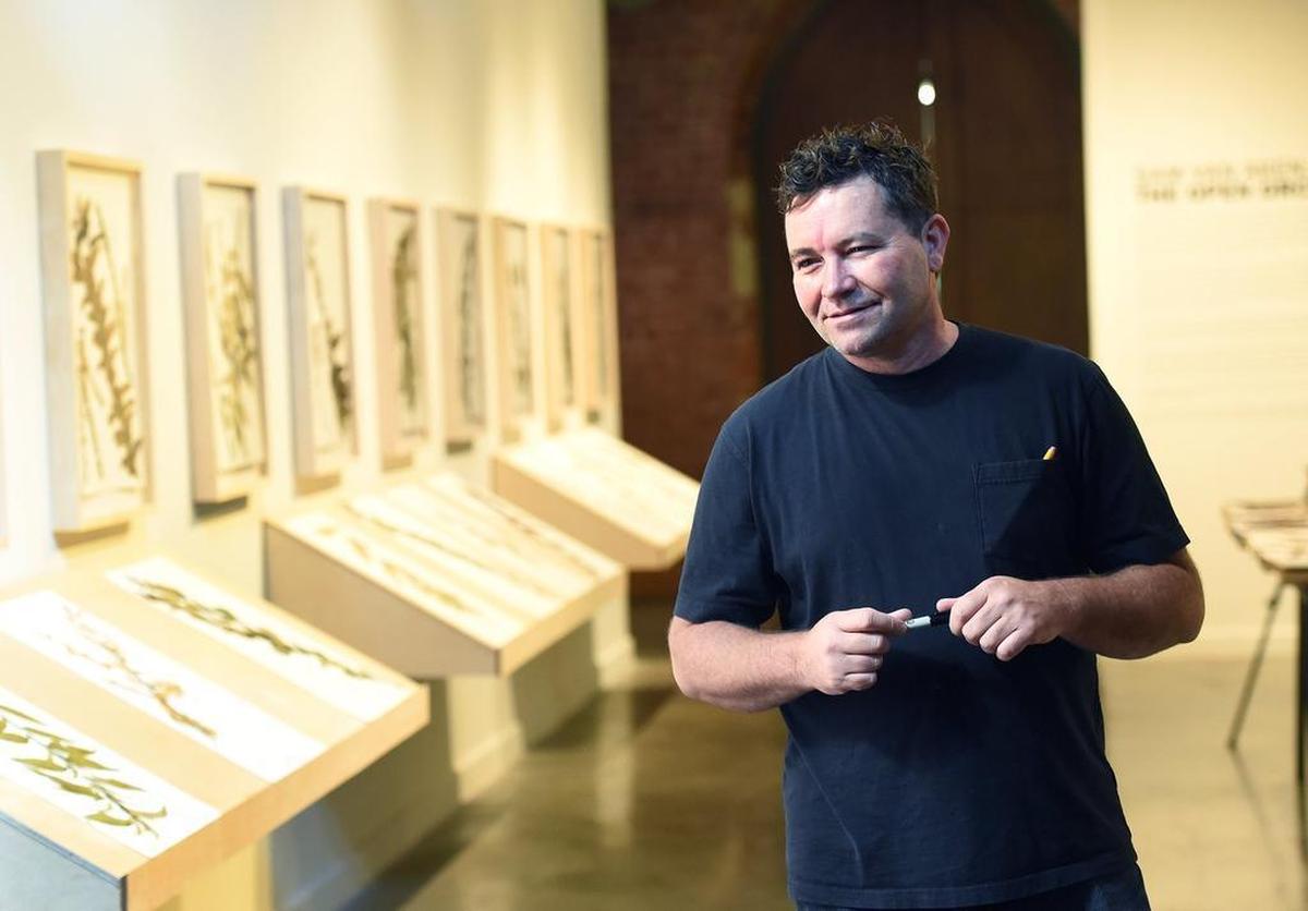 Artist Sam Van Aken amid his work at the McColl Center: “I feel compelled to share with people as I learn things.”