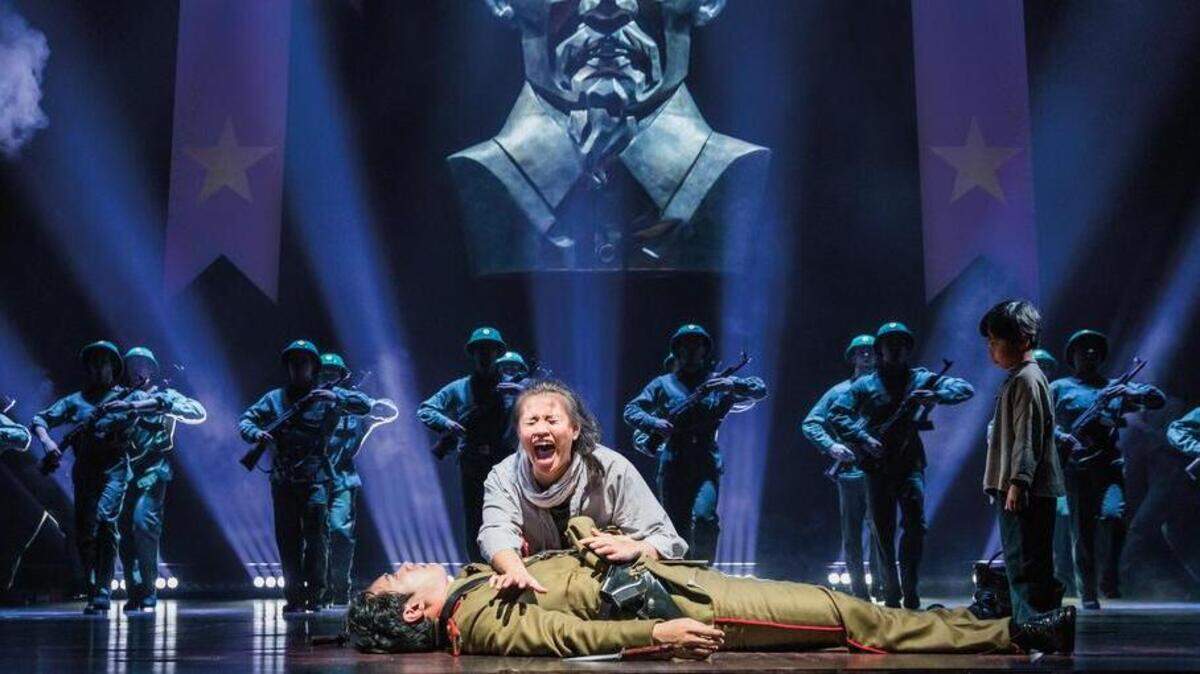 Jinwoo Jung as Thuy, Emily Bautista as Kim, Sarah Ramirez as Tam and the North American tour company of “Miss Saigon.”