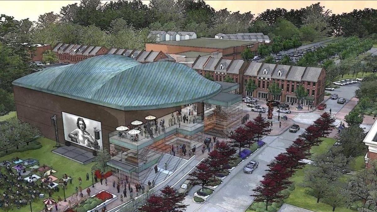 Drawings for the arts center include this view; planned are a 450- to 500-seat performing arts theater, art gallery, classrooms and an outdoor plaza/gathering place.