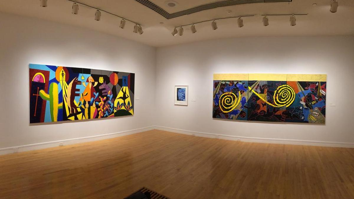 “La Infanta II” (left; 2014, acrylic on canvas, 4 panels, 60 x 32” each) and “Night Fishing at Mom’s” (2015; acrylic, fishing line, fish hooks on canvas; 3 panels, 60 x 48 inches each).