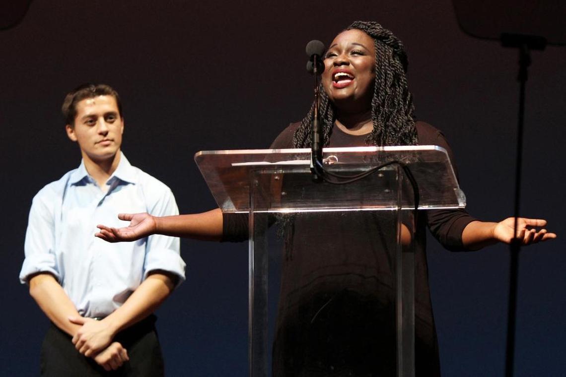 Amina Faye from Monroe accepts her award at the Jimmy Awards, a national acting competition.