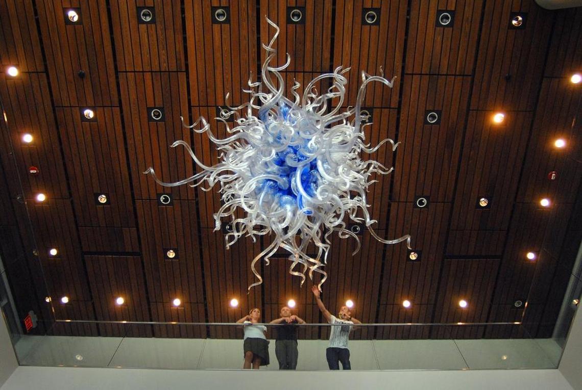 Dale Chihuly’s “Royal Blue Mint Chandelier” at the Mint Museum Uptown.