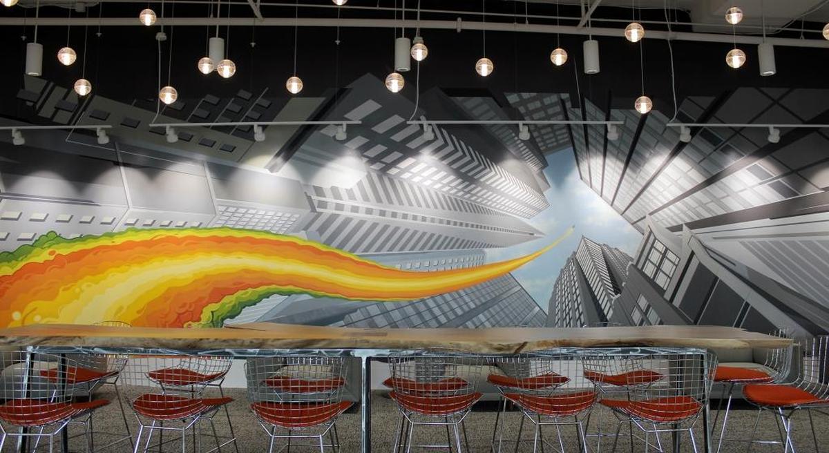 A longer view of mural at Stream Realty by Matt Hooker and Matt Moore.
