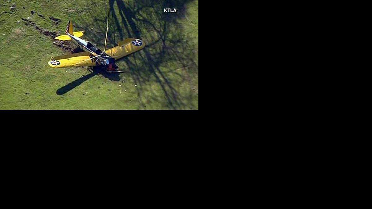 
A small plane piloted by actor Harrison Ford crash-landed at a Los Angeles area golf course. (Source: KTLA/CNN)
